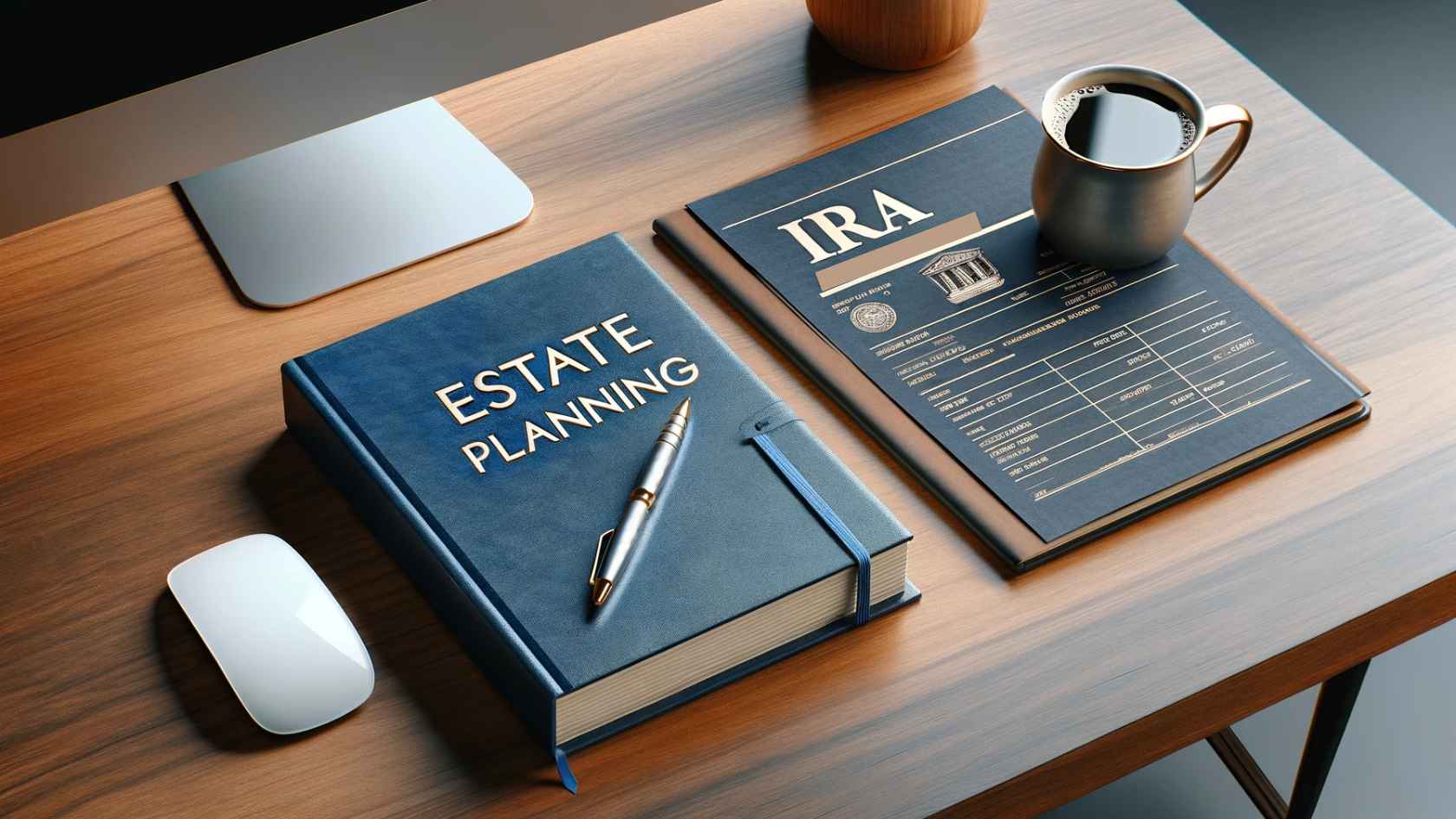 A wood desk with a blue book and an IRA statement representing retirement accounts in estate plans.